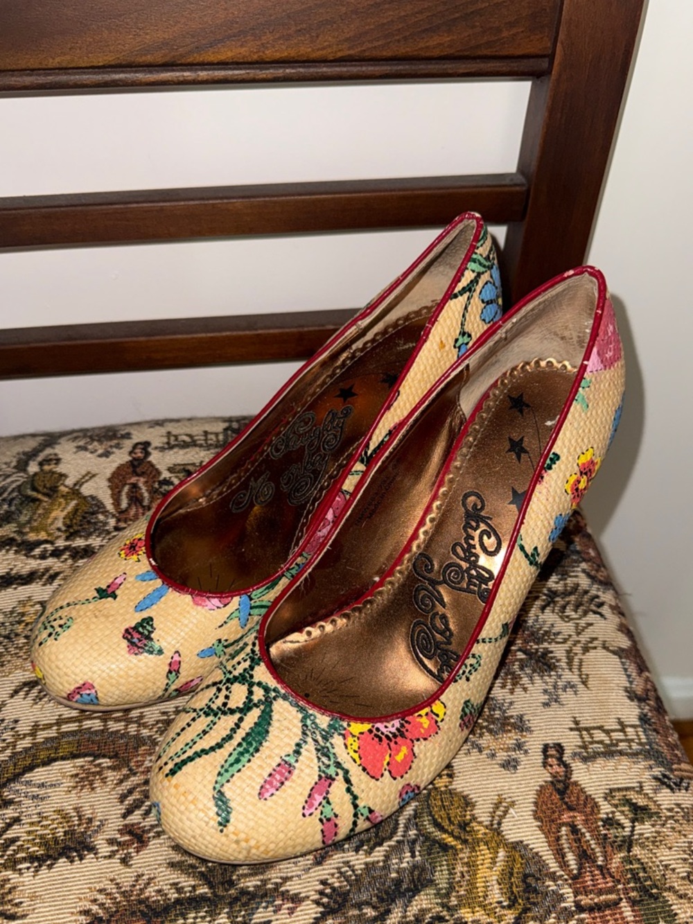 Naughty Monkey Floral Heels Pumps Straw Woven Multicolor Round Toe Size 8.5 - Picture 6 of 12